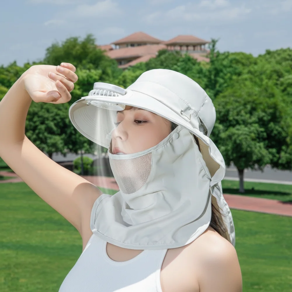 

Adjustable Solar-Powered Fan Hat Face Cover Shoulder Cape UV Protection Hat Integrated Large Brim Fisherman Hat