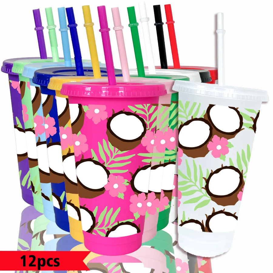 12pcs/pack Coconut Flowers Leaves Patterns 26oz Colored Plastic Party Cold Cups for Back-to-school Birthday Gifts