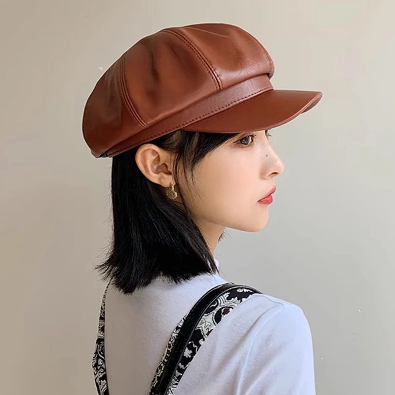 French Octagonal Beret for Men Women Winter Warm Leather  Cap Female Korean Retro Octagonal Artist Painter Cabbie Hat