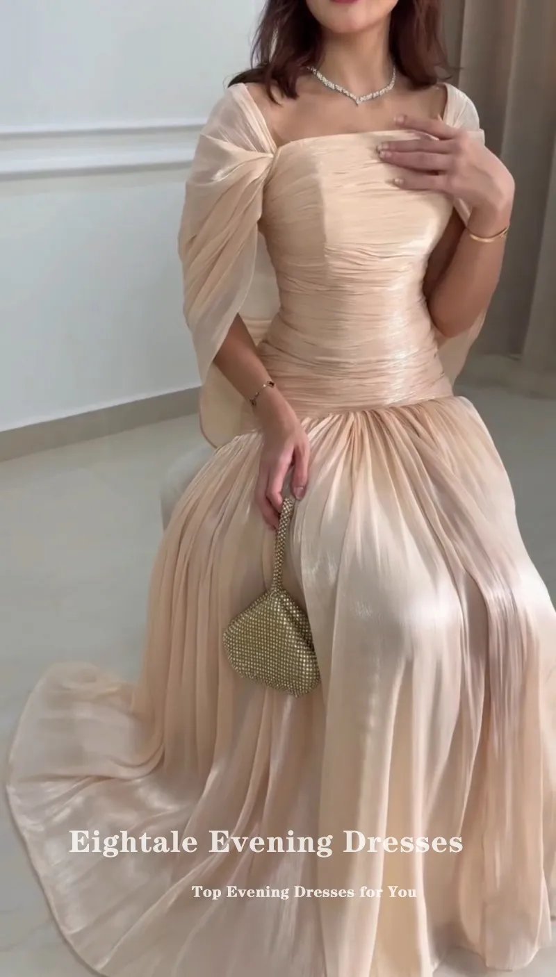 Vestido de noche árabe de Eightale, sin tirantes, plisado, crepé, personalizado, rosa, champán, musulmán, corte en A, vestido de fiesta de graduación y boda