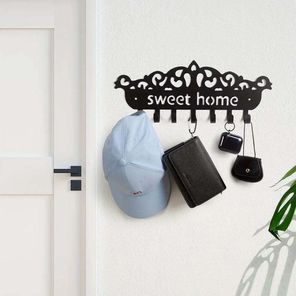 Wall Mounted Key Organizer - Black Metal Key Holder with Decorative Storage Hooks