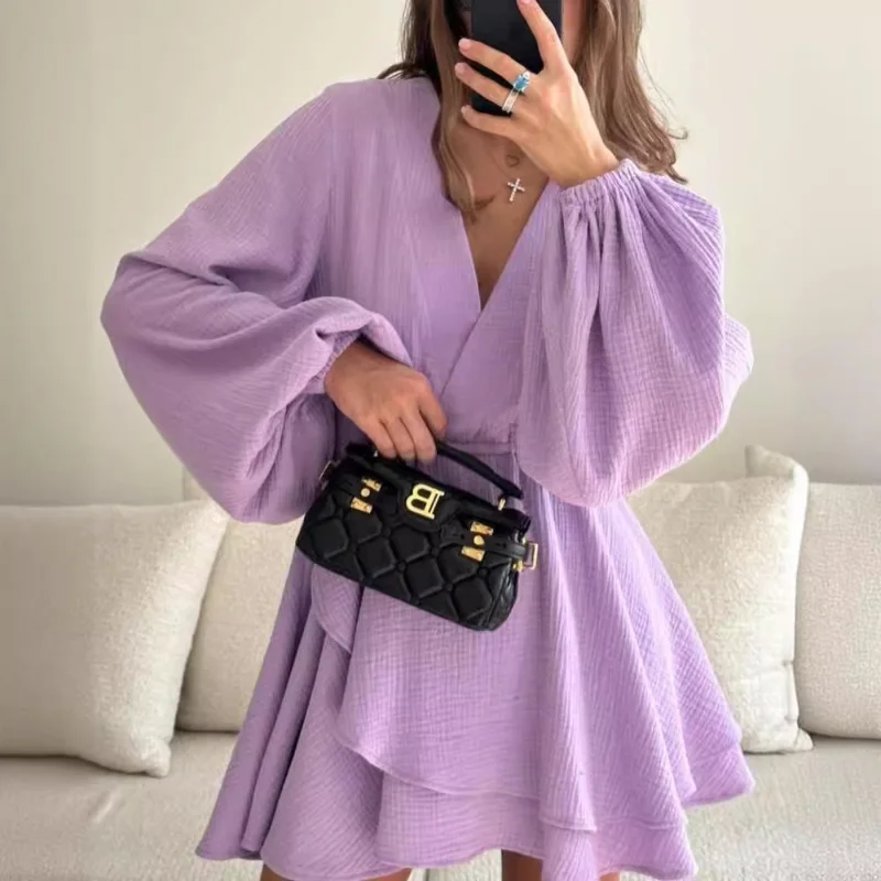 TARUXY Elegant Chiffon V-neck Ruffle Dress For Women High Waist Irregular Solid Color Short Dress Long Sleeve Party Female Dress