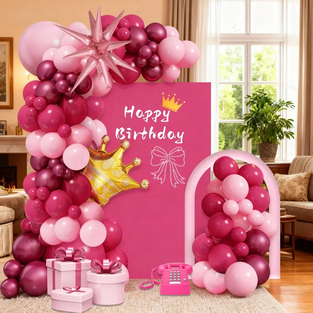 111-teiliges Prinzessinnen-Themen-Geburtstagsballon-Party-Dekoration, Bogen-Ballon-Ketten-Set, 55,9 cm, rosa explodierende Sterne, Goldkrone mit metallischen Rosen-Rot-Rosa-Ballons für