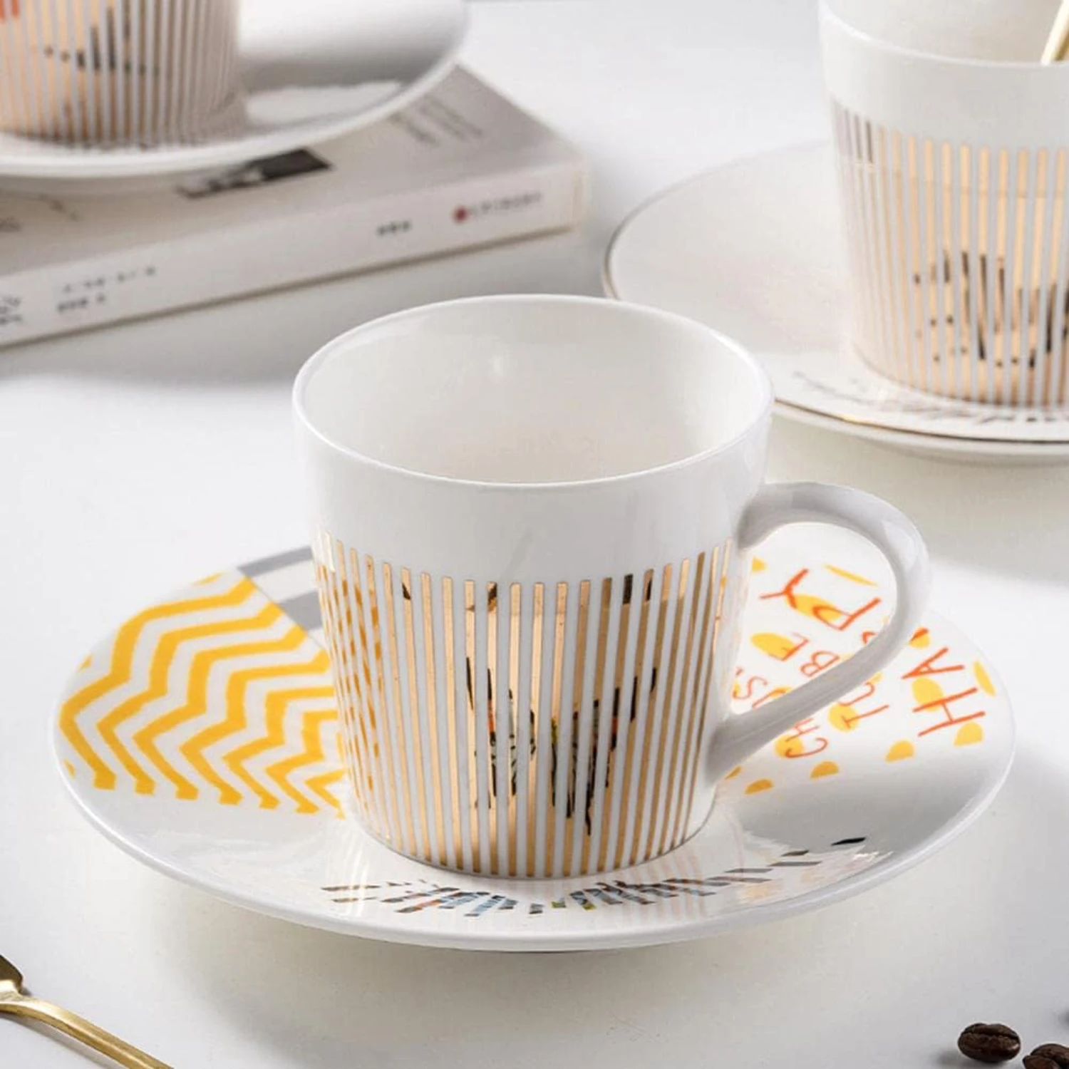 Set of Reflective Porcelain Coffee Mugs and Saucers, Unique Anamorphic Cup and Saucer Set, Stylish Mirror Cups for Espresso and