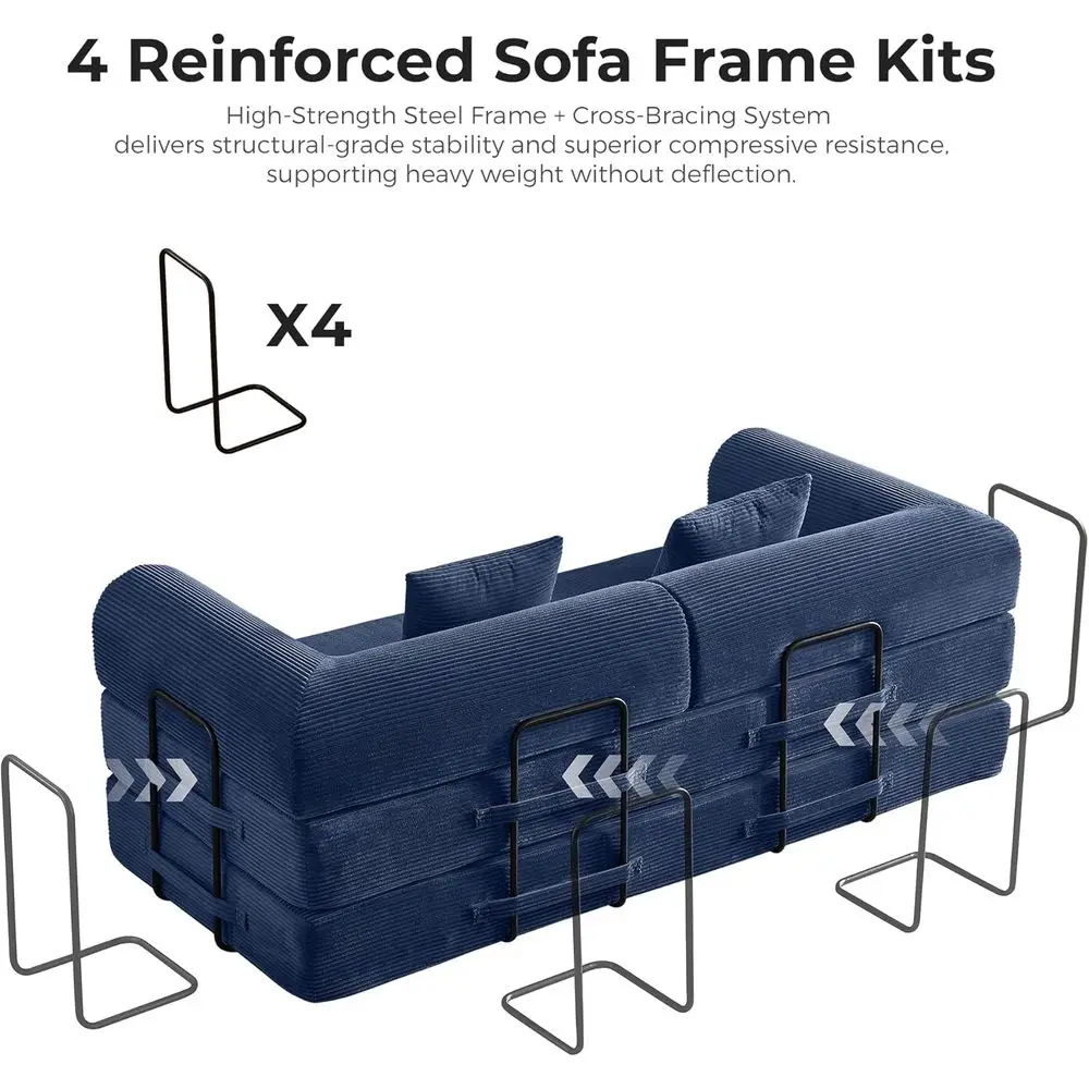 أريكة سرير قابلة للتحويل 79 5 في 1 باللون الأزرق الداكن مع إطار ثابت، بدون تجميع، غطاء سروال قصير ورغوة عالية المرونة للمساحة المدمجة #6