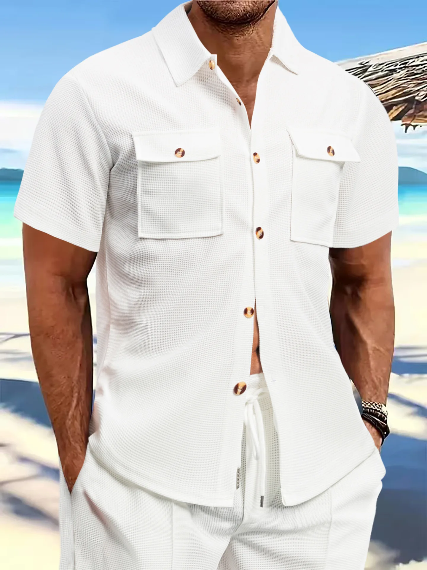 Summer Men's Waffle short-sleeved loose shirt Casual solid color lapel button pocket Stylish All-match comfortable shirt top