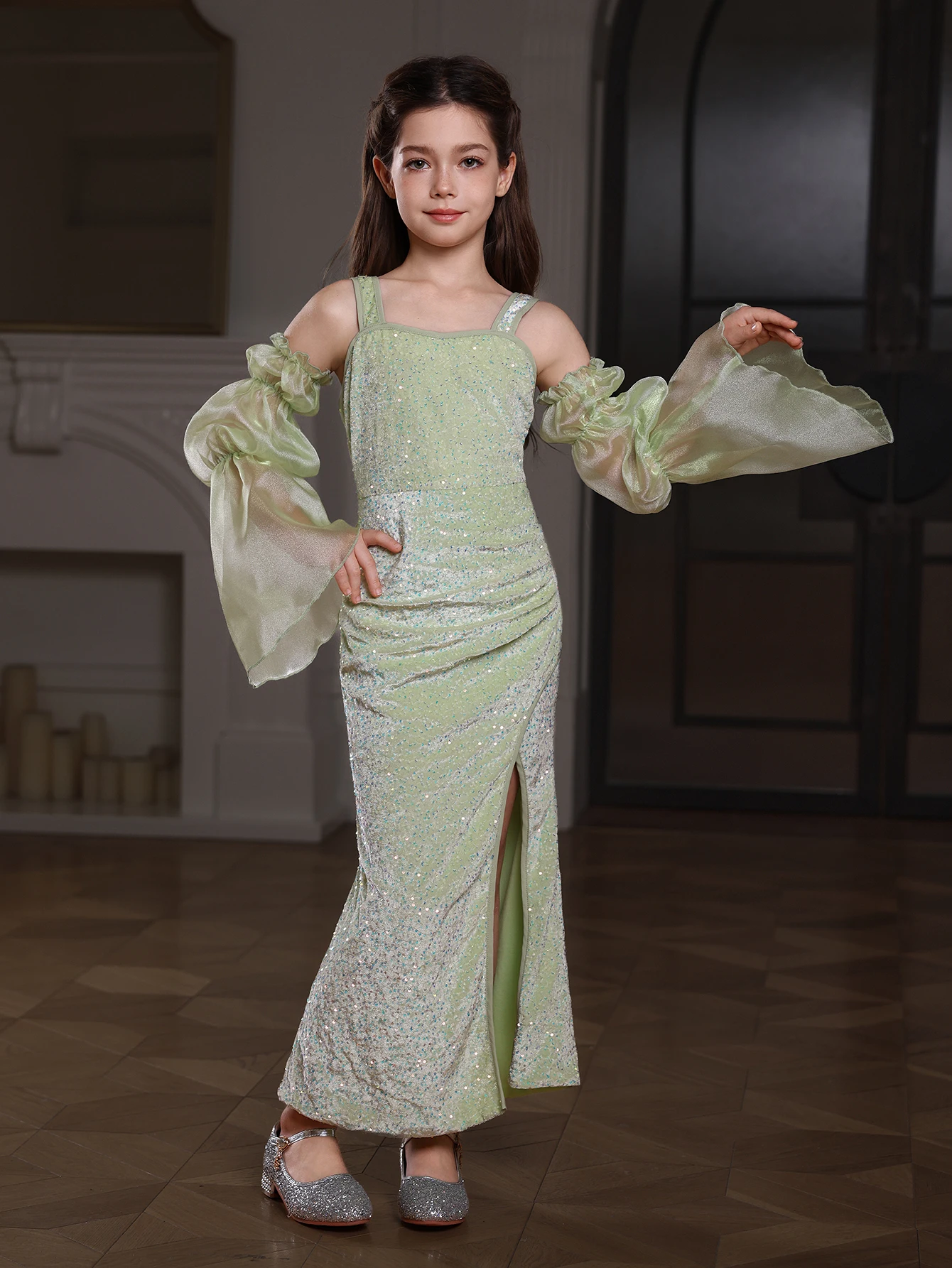 

Gorgeous Green Split Gown For Girls, Sequin Splicing Mesh Bishop Sleeve Dress For Performance Prom Evening Birthday Party