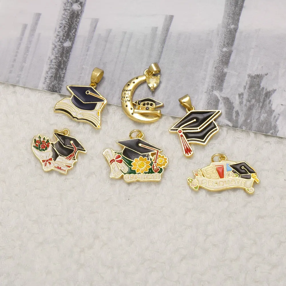 OCESRIO Graduation Cap Pendant Copper Gold Plated Enamel Graduate Charms for DIY Necklace Jewelry Making Component pdtc006