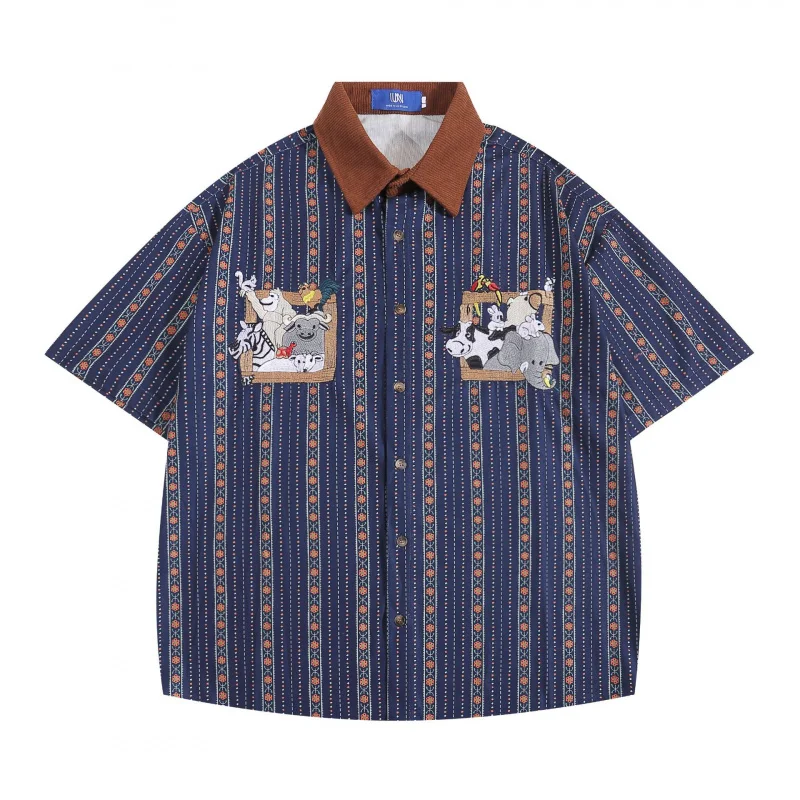 

MAQVOB EU US Size Luxury Streetwear Cartoon Embroidery Artistic Retro Loose Summer Short Sleeve Shirt