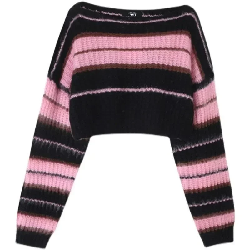 Damski sweter w paski Vintage ZMZBCCH jesień Y2K nowy koreański styl różowy krótki sweter damski z długim rękawem swetry z wycięciem pod szyją topy