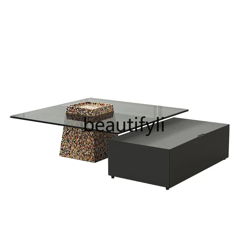 

A16 Modern simple living room square coffee table glass surface tempered high and low combination