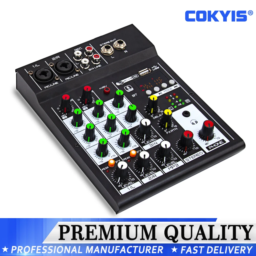 

Mini 4 channel mixer Built-in reverb effect 3-band EQ BT USB computer playback recording mixing console DC 5-12V power supply