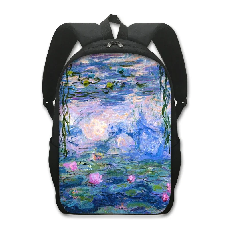 Famous Oil Painting Tears Kiss Water Lilies Starry Night Backpack Gustav Klimt Claude Monet Van Gogh Student School Bag Daypack