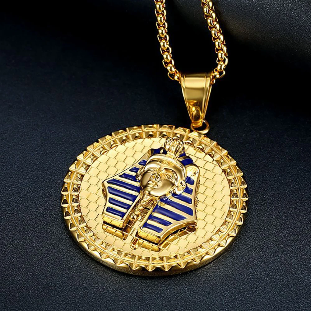 Egyptian Pharaoh Head Pendant Necklaces Male Gold Color Stainless Steel Round Necklace for Men Ancient Egypt Jewelry Gift