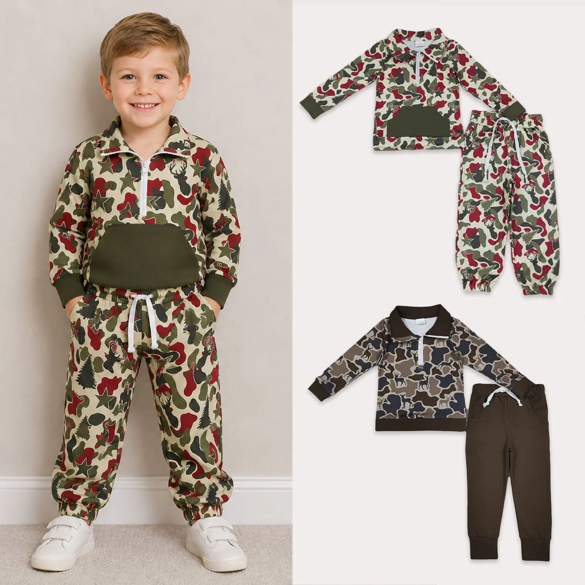 Kids Clothes Baby Boy Red Green Camo Deer Trees Zipper Pockets Pullovers Jogger Christmas Toddler Boutique Chidlren Clothing