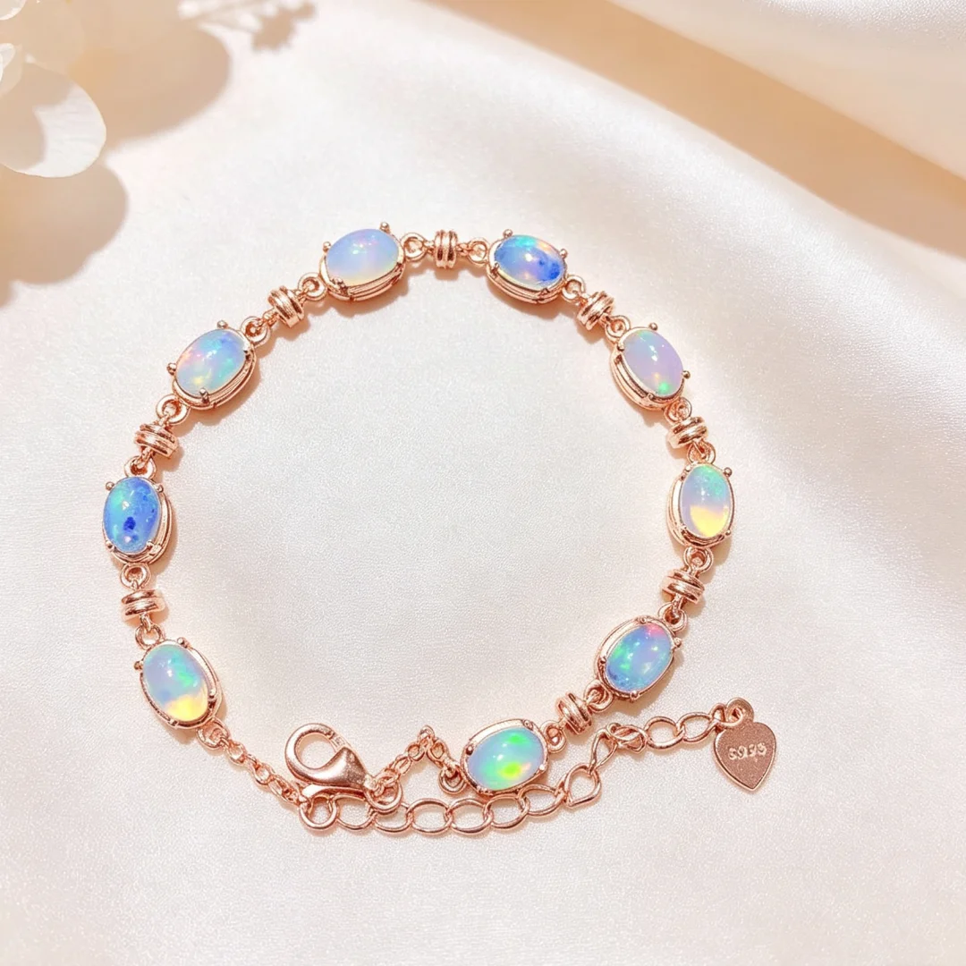 Exquisite Design Natural Opal Bracelet 4*6mm S925 Silver Inlay Bright Colorful Changes Gem Elegant Premium Jewelry