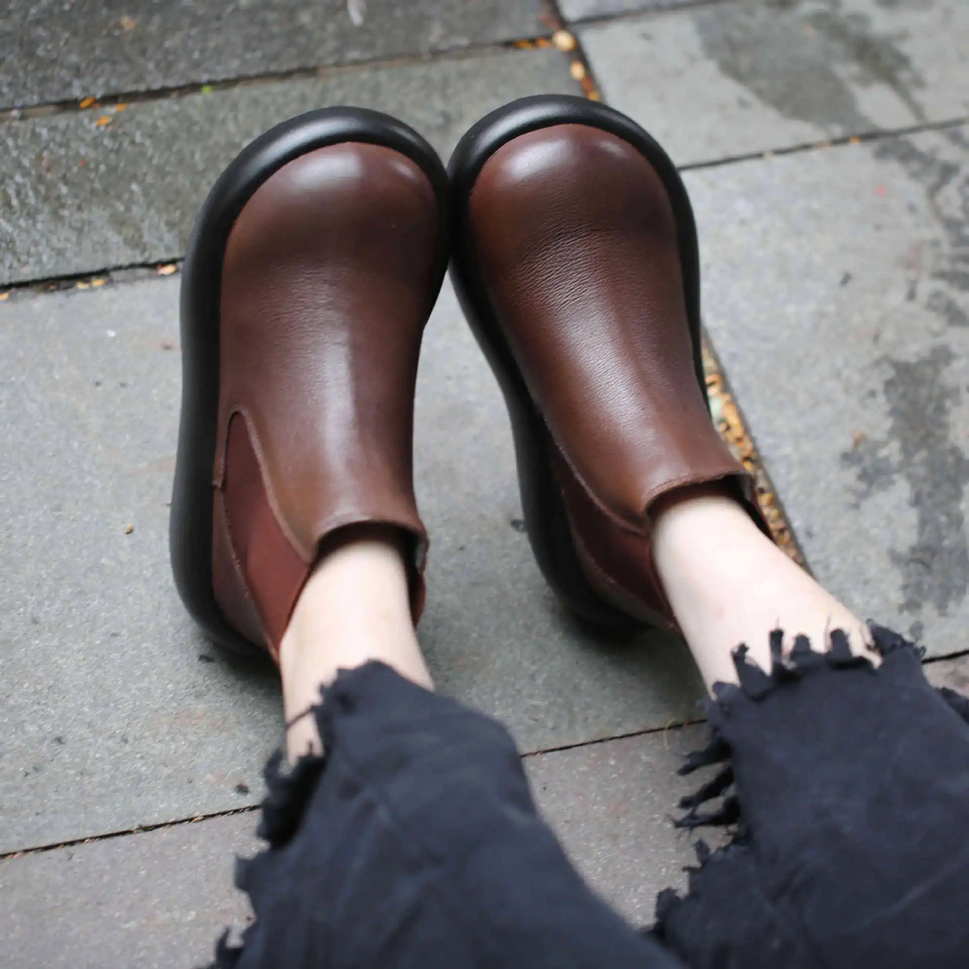 

Careaymade-Повседневные женские ботинки из натуральной кожи с широкой головой, теплые хлопковые ботинки из воловьей кожи в стиле ретро, удобная повседневная обувь