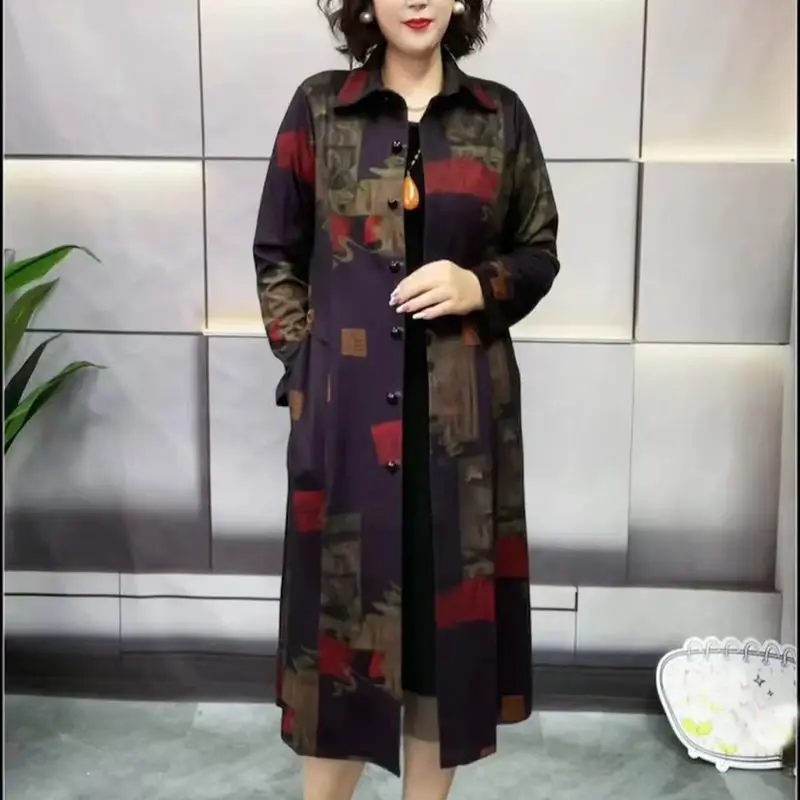 Casual Vintage Printed Midi Trench Female Clothing Single-breasted Spring Autumn Turn-down Collar Long Sleeve Straight Jackets