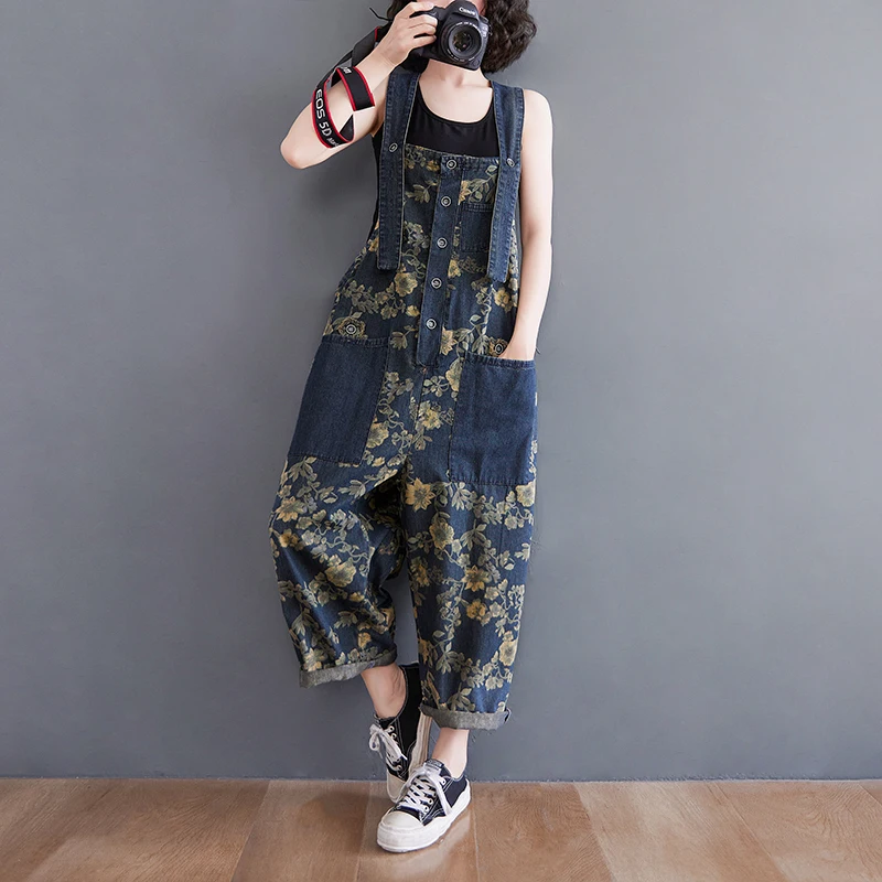 2025 Spring Print Floral Denim Jumpsuit Women Vintage Streetwear Oversized Dungarees Loose Wide Leg Overalls Straps Baggy Pants