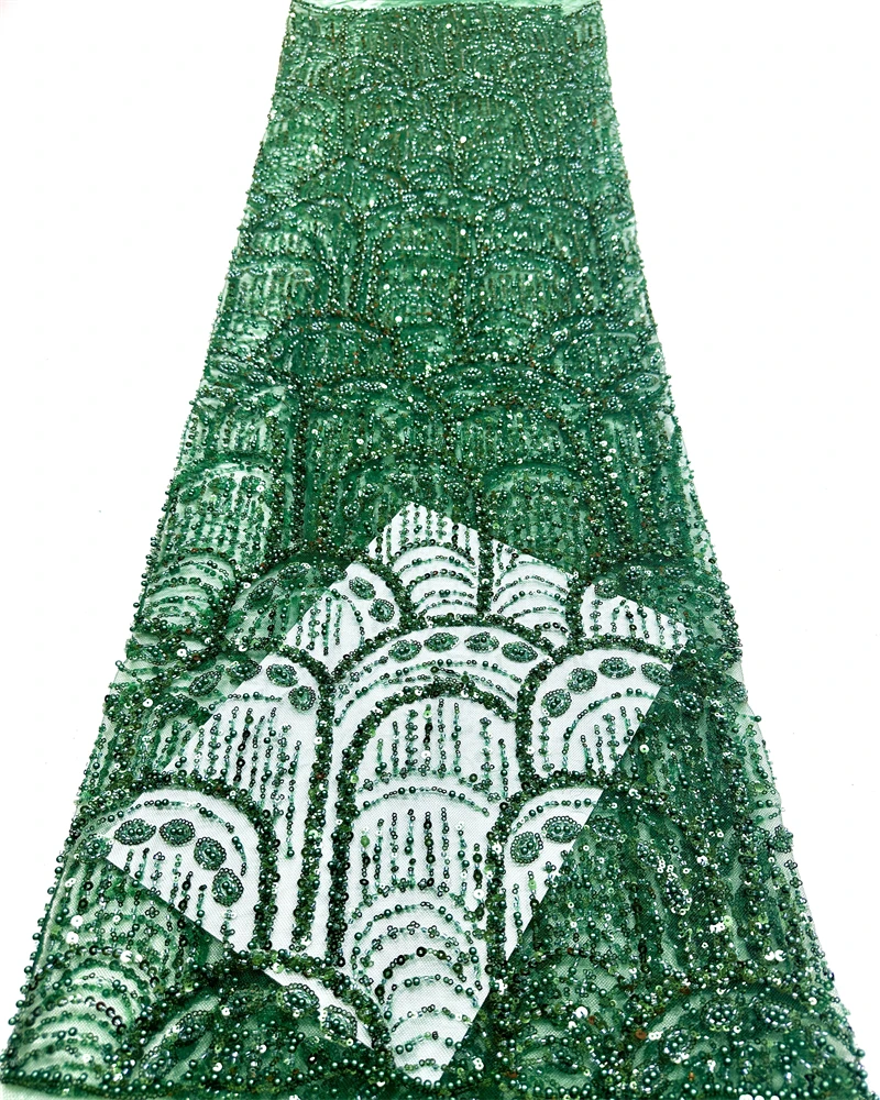 

African Bridal Lace Fabric Beaded Sequins Embroidery High Quality French Tulle for Wedding Gown Nigerian Style Groom Attire