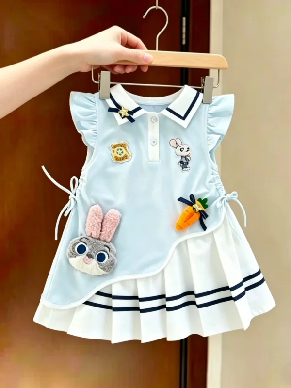 

Girls Summer Rabbit Police Officer Dress Sweet Cartoon School Style Pleated Skirt Short Sleeve Cotton Casual Sport Suit