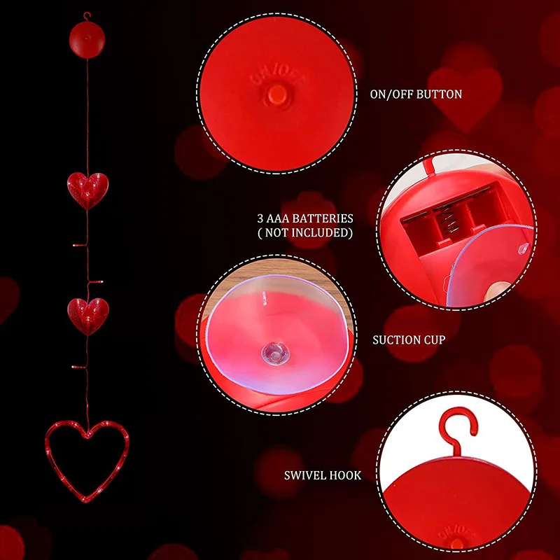 Valentine's Day Decorative Indoor Light String Heart-Shaped Window Light With Suction Cup Timer For Family Wedding Anniversary