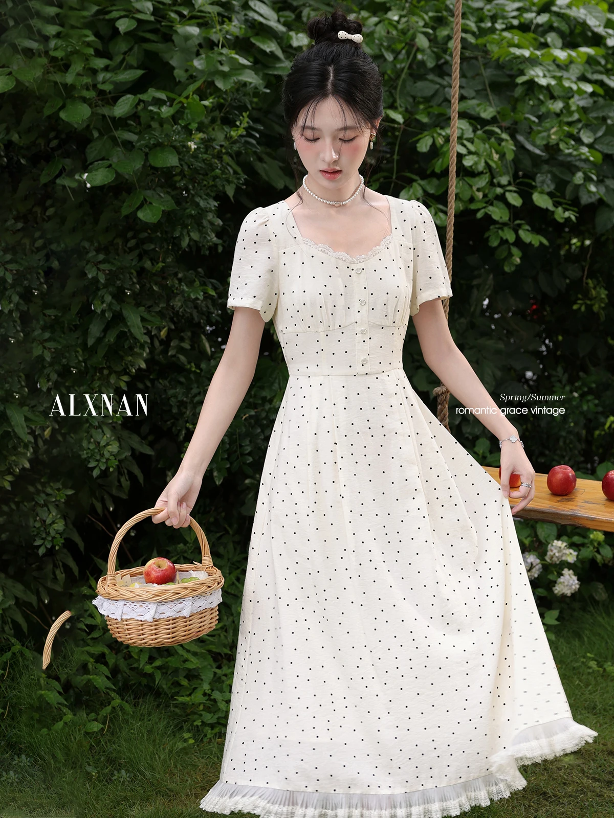 

ALXNAN Women's Polka Dot Dress Long White Elegant Square Neck Lace Patchwork Dress 2025 Summer Casual Holiday Clothing DYL661873