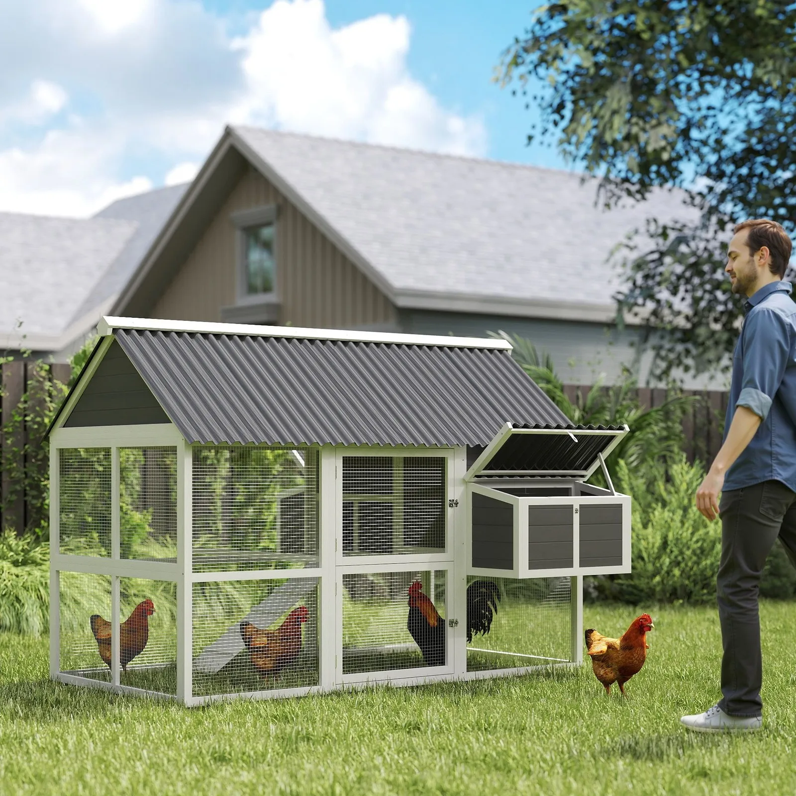 

Chicken Coop, Wooden Chicken House with Run & Nesting Boxes, Gray