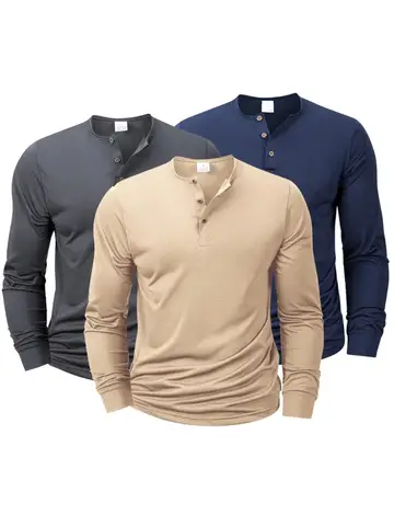 Men's Long Sleeved Henley Neck T-shirt Slim Fit Bottoming Shirt Fitness Tops Tees Button Neck Casual Cozy Tshirt