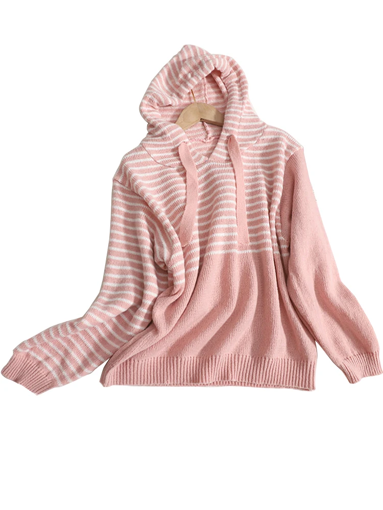 Striped Hooded Loose Jumper Sweater Women's Autumn Winter New  Outer Wear Collision Colour Set Head Long-Sleeved Top Sweater