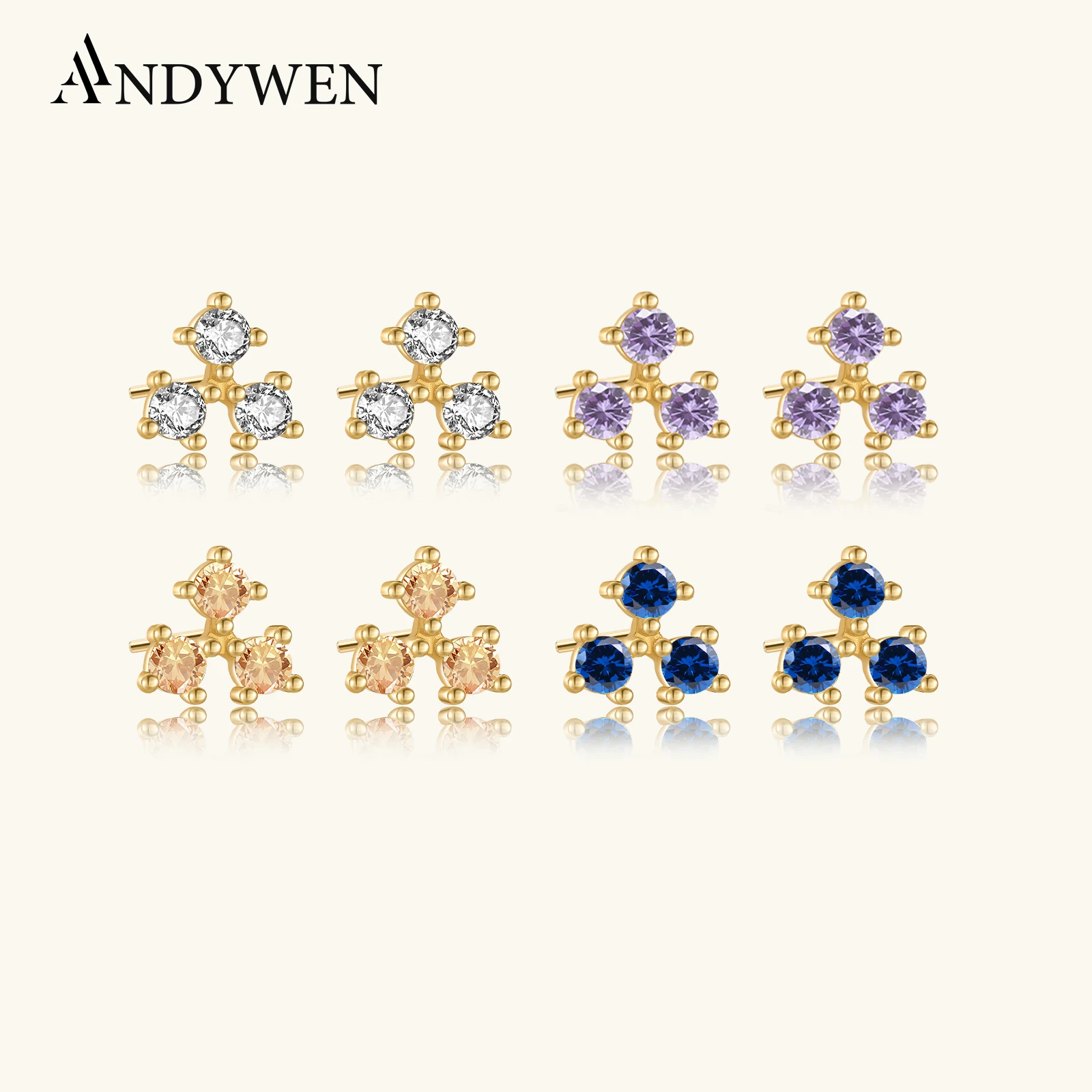 

ANDYWEN 925 Sterling Silver Colorful Three Zircon Stud Earring Women SImple Piercing Ohrringe Pendientes Luxury Women Fine Jewel