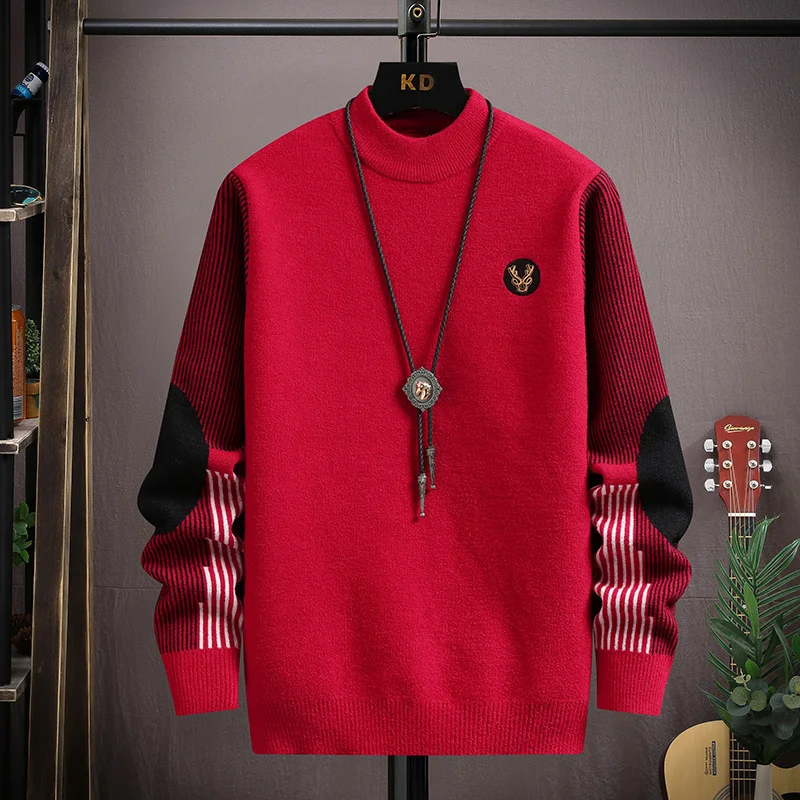 

Мужской утепленный вязаный свитер с высоким воротником, зимний, модный, городской стиль, с длинным рукавом, приталенный, повседневный, контрастных цветов