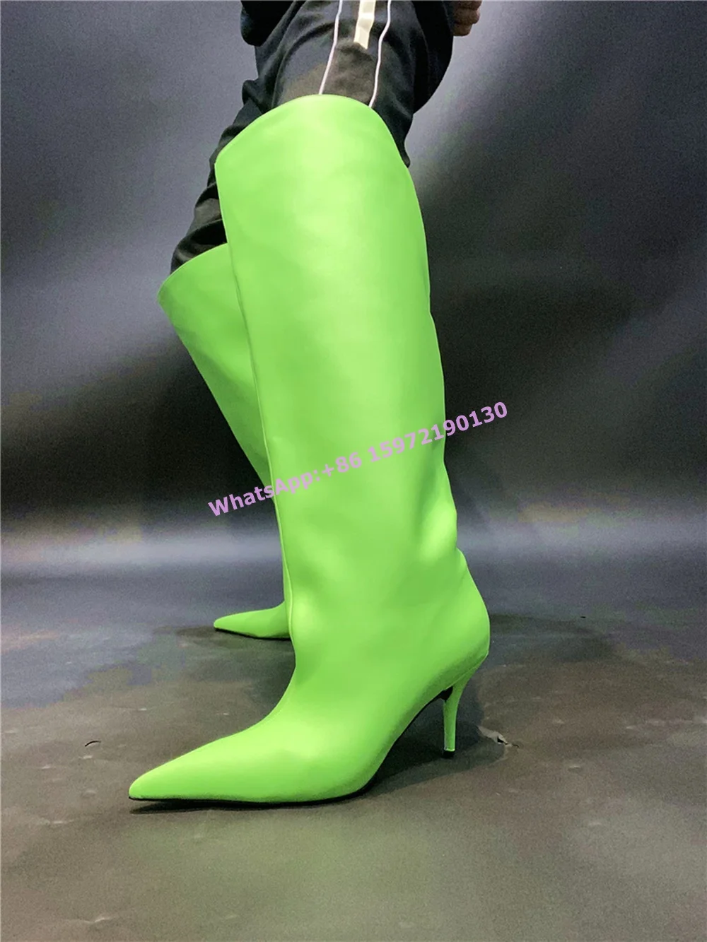 Wide Calf Pleated Boots Solid Pointy Toe High Heels Slip On Sexy Leather Knee High Boots Winter Fashion Runway Hotties Shoes