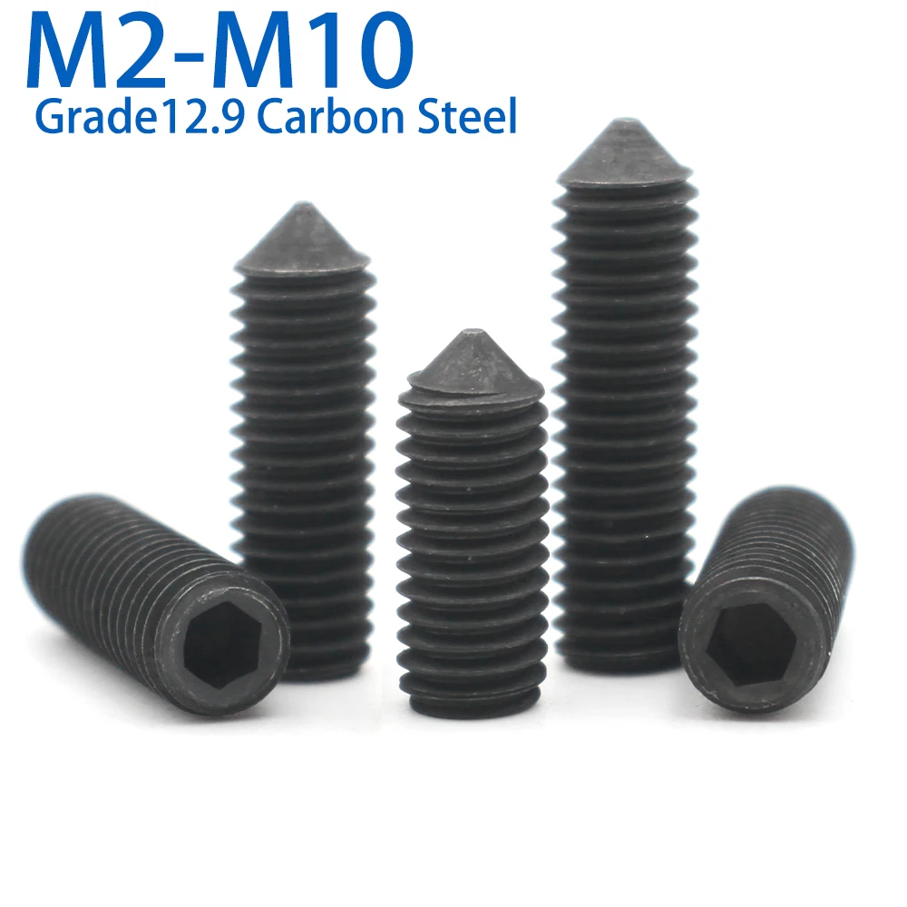 10pcs M2~M10 DIN914 Grade 12.9 Black Carbon Steel Hexagon Hex Socket Cone Point Grub Set Screw Tapered End