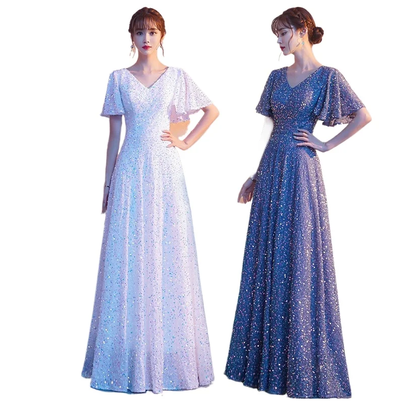 

Elegant Shining Sequined V-neck Long Formal Evening Dress With Short Sleeves