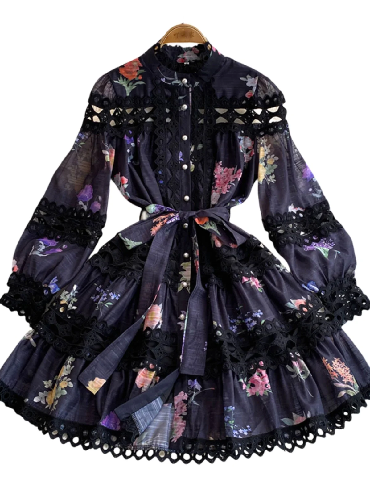 Vestido Midi de Talla ande con Encaje Floral, Estilo Coreano, Cintura Alta con Cinturón, Cuello Alto para Mujer