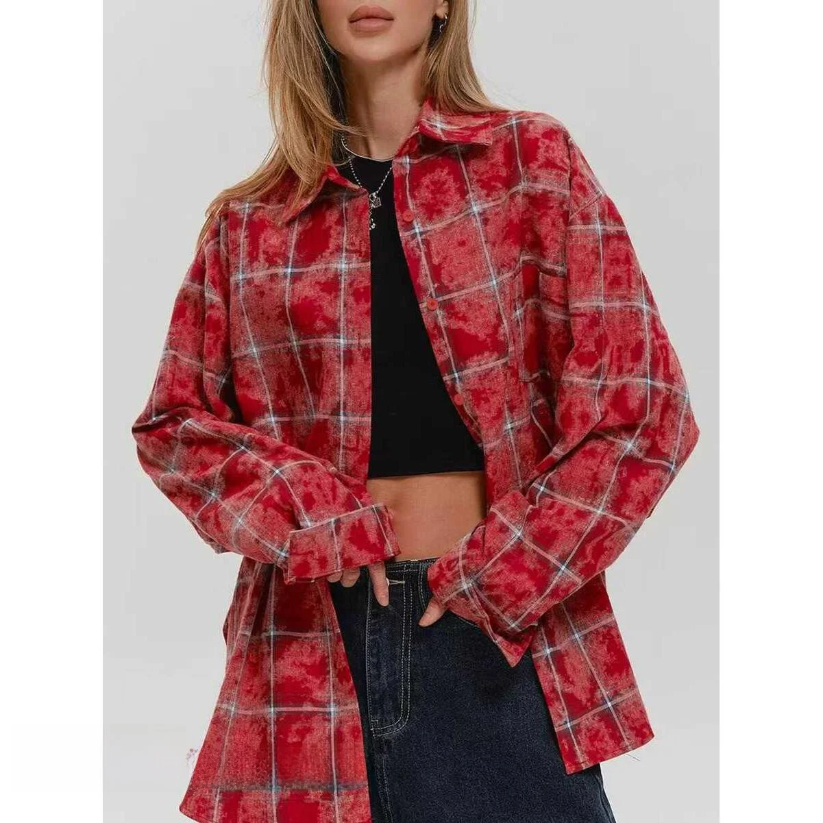 

Vintage Red Plaid Loose Shirt Collar Long Sleeve Cotton Women's Mid-Length Shirt Button Closure Casual Fashion