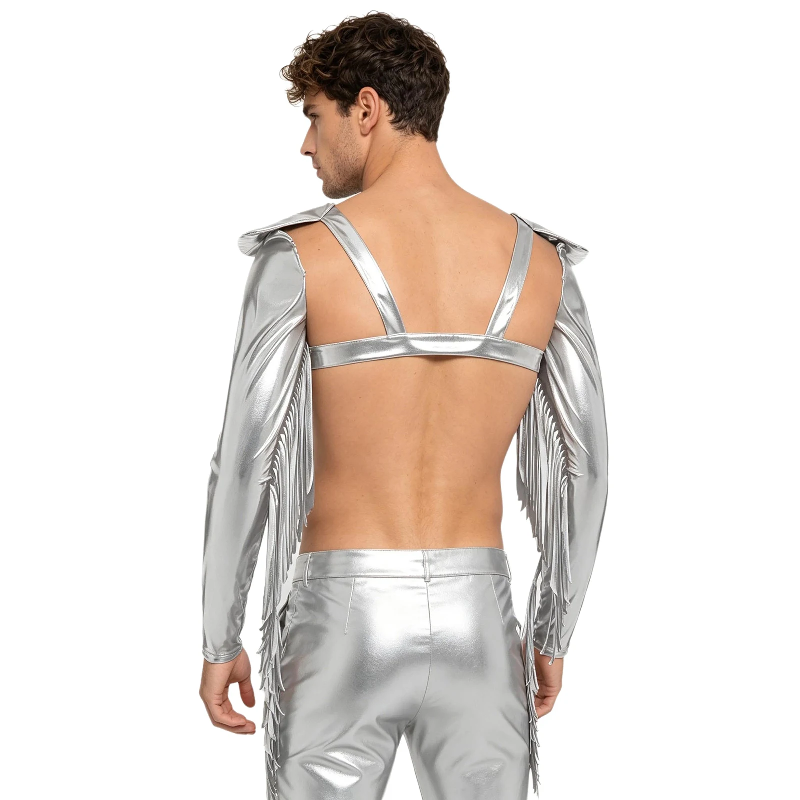 Mens Adjustable Chest Harness Club Party Crop Top Metallic Shiny Long Sleeve with Tassels Structured