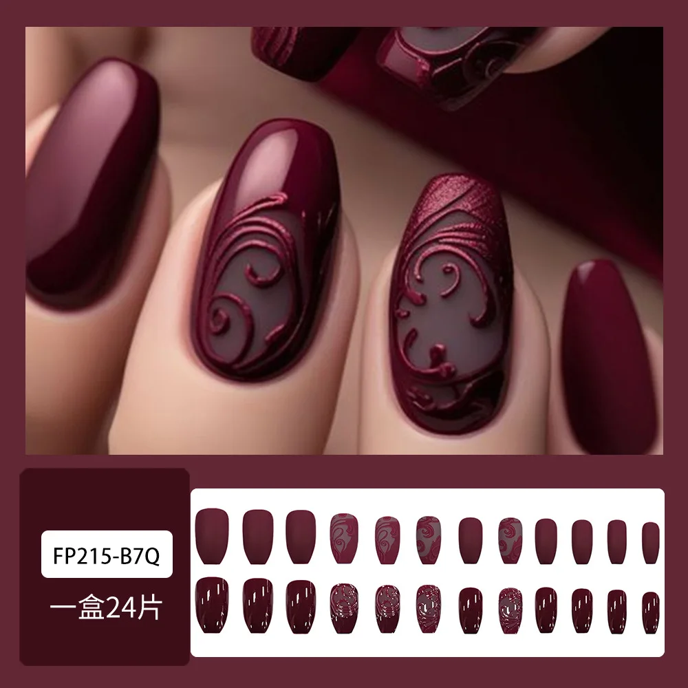 24個入り ヴィンテージ プレミアム ワインレッド プレスオンネイル エンボス加工＆ソリッドカラー ロングコフィンシェイプ 各種サイズ