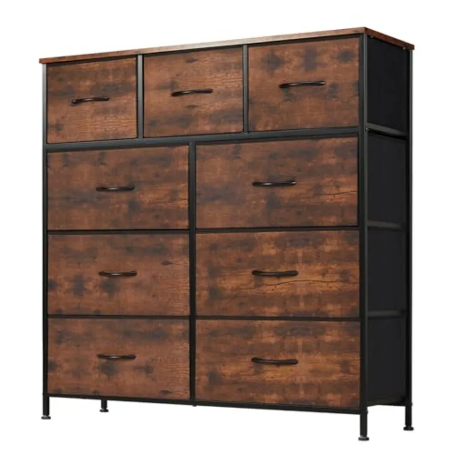 

Dresser for Bedroom, Storage Organizer with 9 Drawers, Chest of Drawers with Fabric Bins, Sturdy Metal Frame, Wood Tabletop for