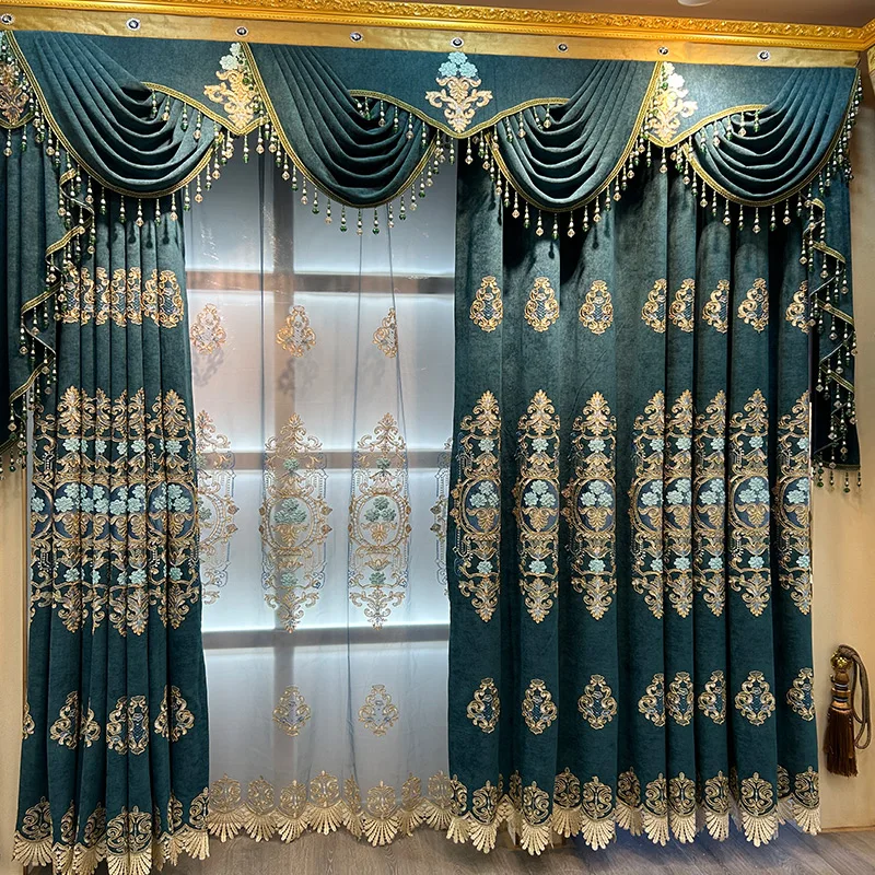 Custom American living room classic villa Chenille embroidery bedroom blue cloth blackout curtain tulle valance drape C1637