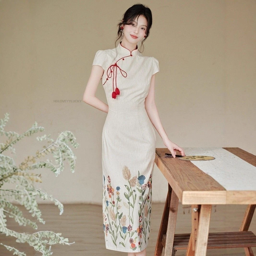 Chinese Style Qipao Modified National Girl Floral Dress Daily Young Slim Fit Elegant Long Dress New Chinese Style Cheongsam