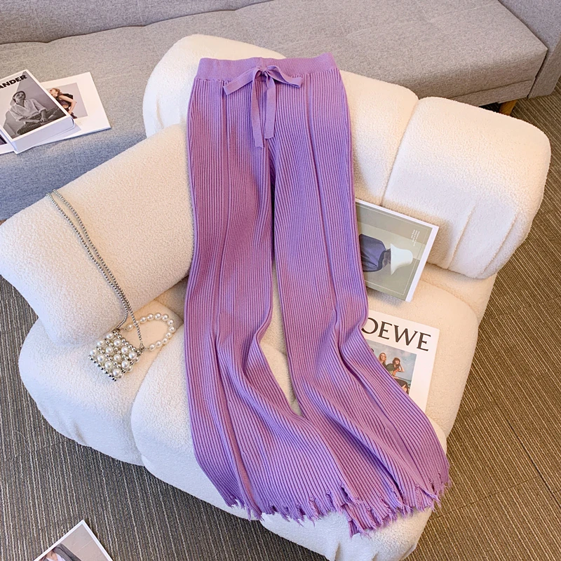 Tassel Knitted Flare Pants Warm Drawstring Slim Women Pants High Waist 2023 Autumn and Winter New Purple Rose Red Woman Trousers