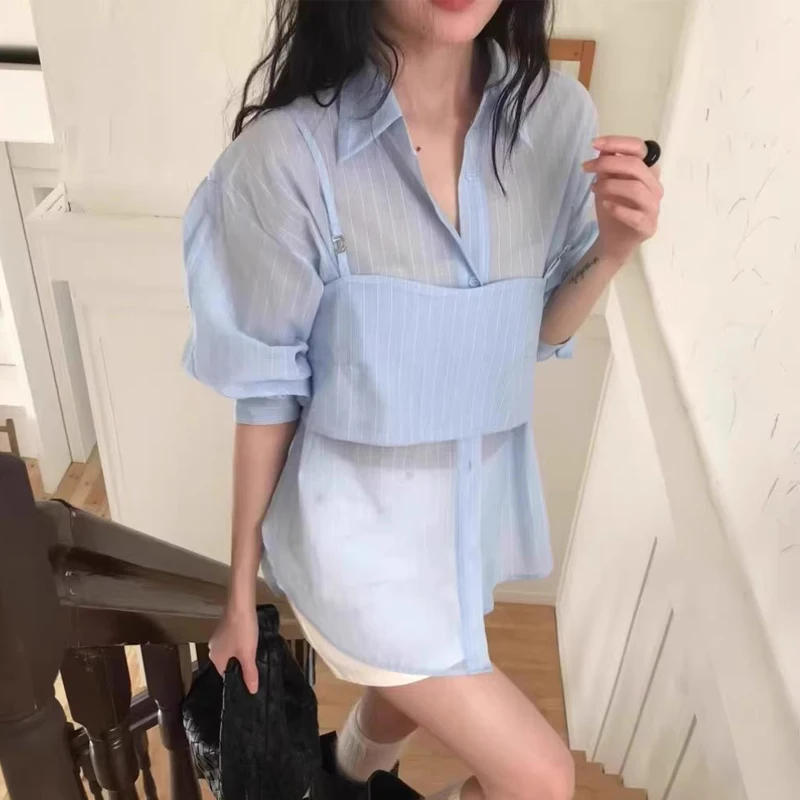 

2Colors 2pcs set Autumn Spring 2026 Korean Striped Long Sleeve Shirt Office Lady Wear Blouse +tank top Female(hx9355