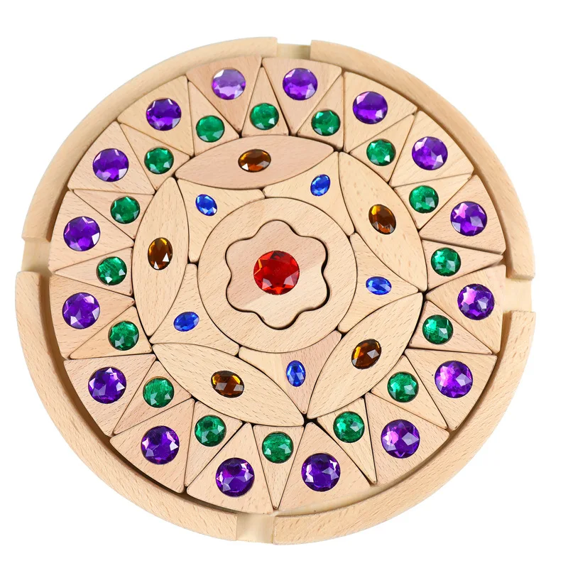 Wooden Mandala Diamond Bricks Creative Building Color Cognition Kids Early Education Educational Toys Gems Blocks Rainbow