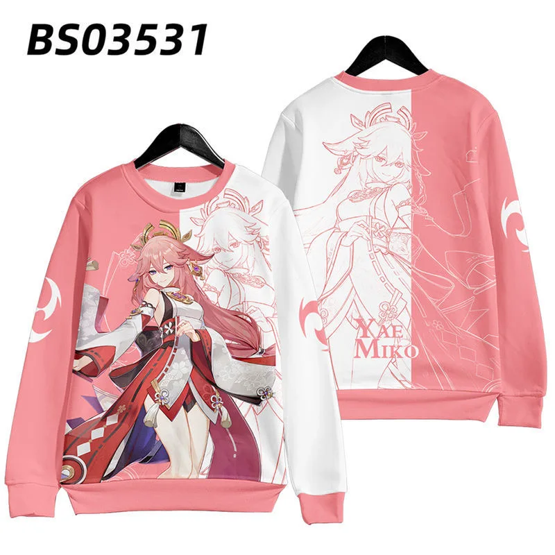 Genshin impact yae Miko เสื้อฮู้ดพิมพ์ลาย3D ผู้ชาย/ผู้หญิงเสื้อกีฬาแขนยาวเสื้อสวมหัวไซส์ใหญ่พิเศษ4XL
