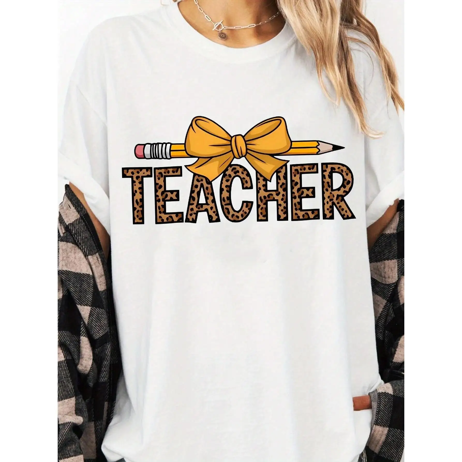 

Women's Teacher T-Shirt Leopard Print Pencil Bow Graphic Tee Educator Appreciation Gift Back To School Casual Top