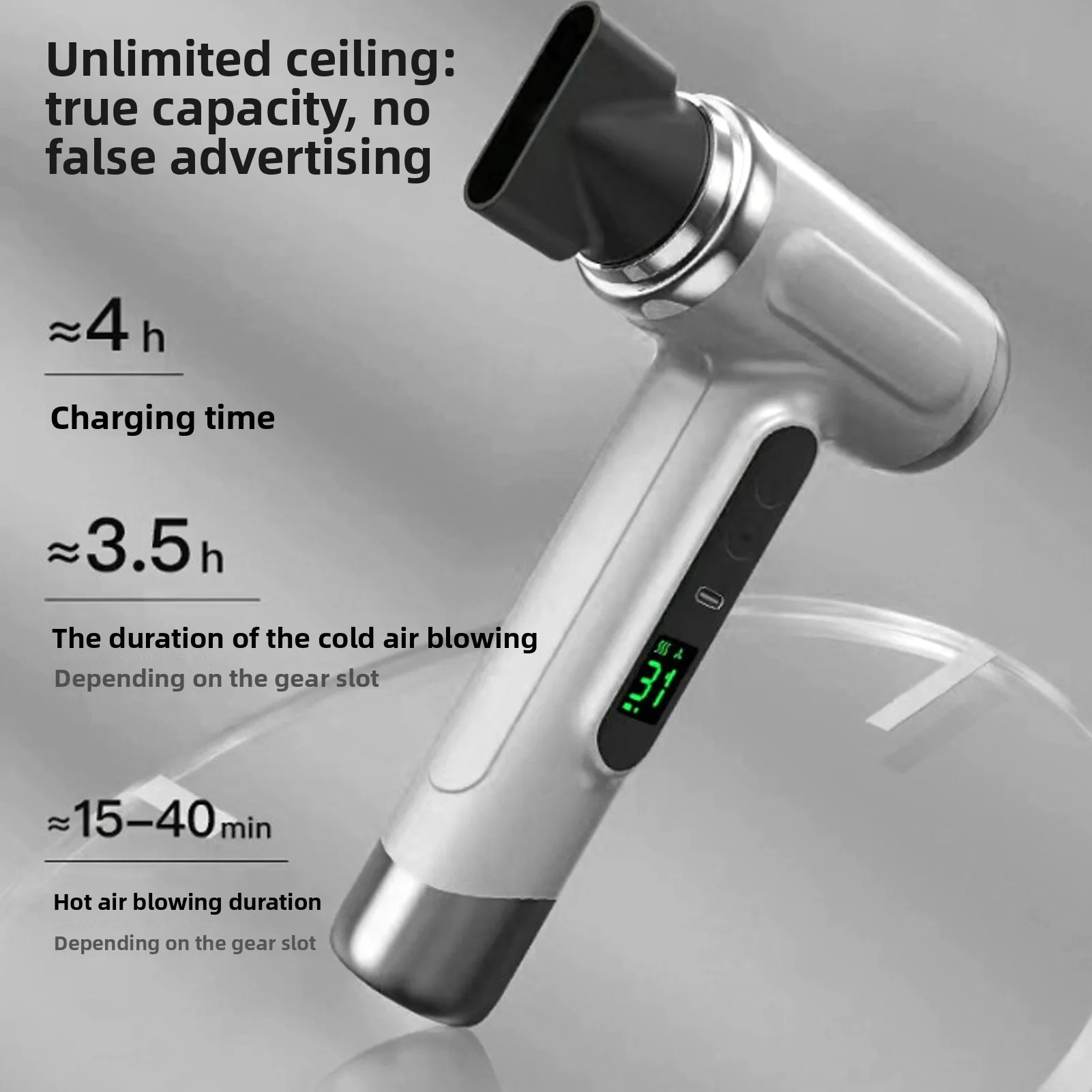 

Cordless Hair Dryer 15600mAh Rechargeable Cold Hot Wind 200W Portable Blow Dryer for Travel Camping Grey