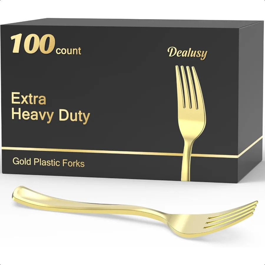 

100 Count Heavy Duty Gold Plastic Forks BPAFree Heat Resistant Solid and Durable Premium Plastic Forks for Party ply