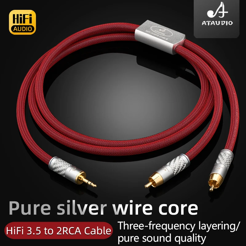 

ATAUDIO HiFi 6N Pure Silver HiFi 3.5 to 2RCA Cable for Smartphone Home Theater Amplifier Jack 3.5mm to 2RCA Male Audio Cable
